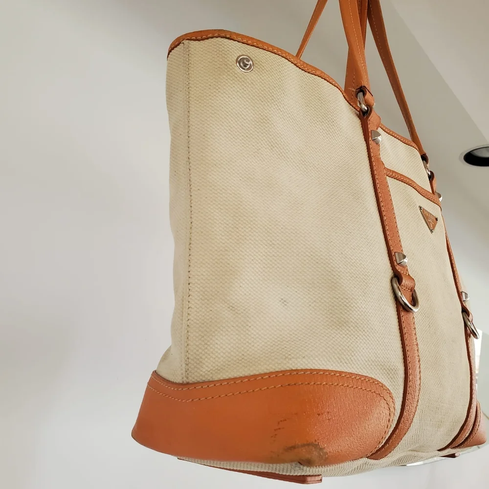 Prada Beige Canvas and Orange Leather TrimTote Bag